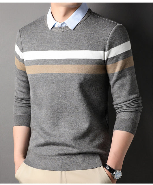 Suéter Rayado con Cuello Postizo Falso Dos Piezas para Hombre - Image 13