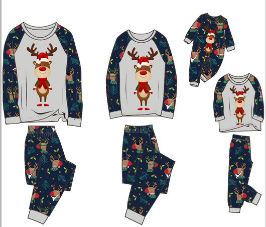 Family Christmas pajamas with a cartoon reindeer wearing a Santa hat and red scarf on a black top, and dark blue pants with a repeating reindeer and holly patte - Image 6