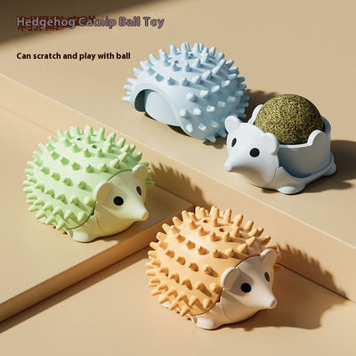 Grass green hedgehog catnip ball toy with a spiky back and smooth face, designed for scratching and play.