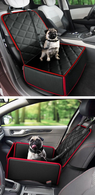 Black quilted pet car seat booster with adjustable straps and a leash attachment, designed for front seat use. - Image 14