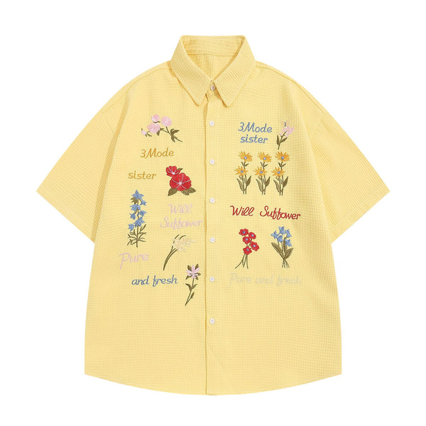 Camisa de Cuadros Retro con Bordado de Osito - Manga Corta Verano