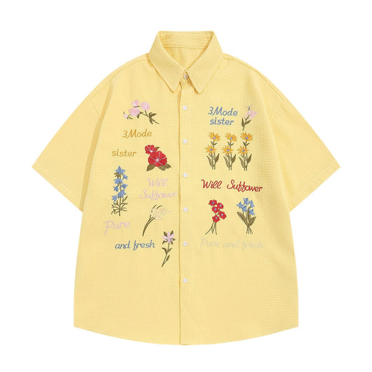 Camisa de Cuadros Retro con Bordado de Osito - Manga Corta Verano