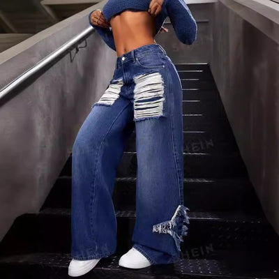 Jeans Rectos Anchos con Detalles de Parches y Flecos - Image 4