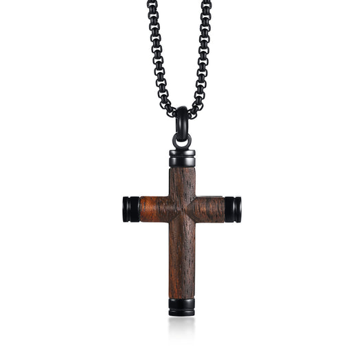 Collar Colgante Cruz de Acero Titanio con Flor de Pera en Madera - Image 7