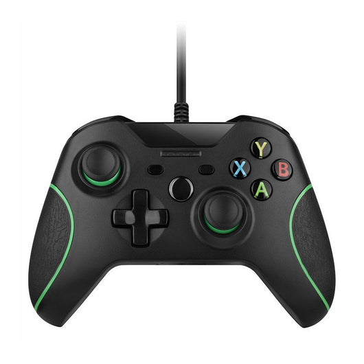 Black wired USB game controller with green accents, two joysticks, and ABXY buttons, shown with USB, USB-C, and micro-USB adapters. - Image 15
