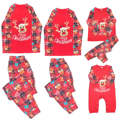 Family matching red Christmas pajamas with a cartoon reindeer and "Merry Christmas" text on a plaid background. - Image 26