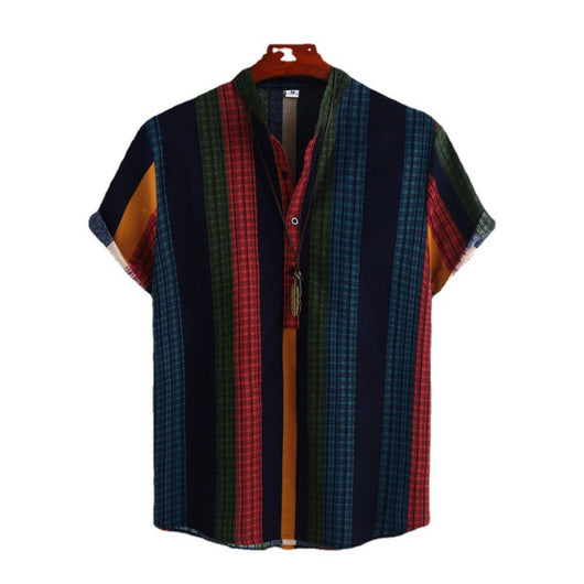 Camisa Étnica de Cuello Mao Rayas Algodón-Lino Manga Corta - Image 5