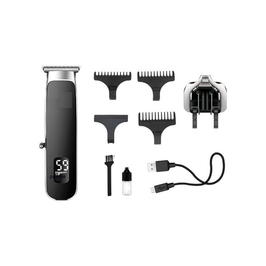Black and silver electric hair clipper with digital display, guide combs, extra cutter head, cleaning brush, oil, and USB cable. - Image 2
