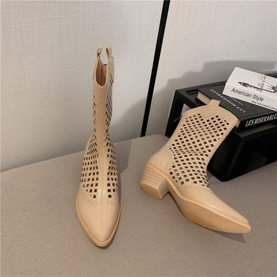 Botas Vaqueras Puntiadas para Mujer con Tacón Grueso y Red Calada - Image 11