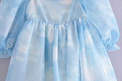 Vestido Azul Cielo con Mangas Abullonadas y Estampado Nube para Mujer - Image 8