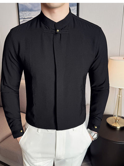 Camisa Manga Larga Cuello Mao Hombre - Diseño Liso Versátil - Image 12