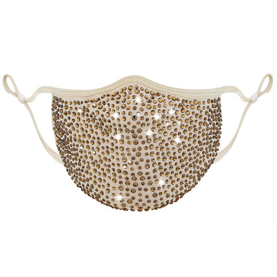 Beige fashion face mask covered in clear rhinestones with adjustable ear loops for a sparkly look. - Image 2