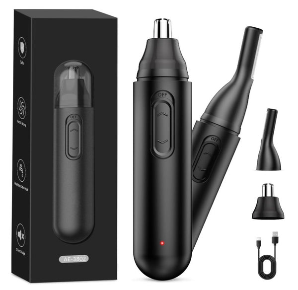 Black 2-in-1 electric nose and ear hair trimmer set with interchangeable heads, charging cable, and packaging.