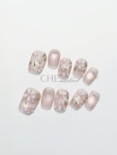Uñas Postizas de Lujo Perla Floral - Diseño Personalizado Artesanal - Image 4