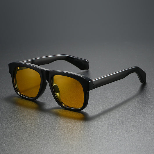 Black square-frame polarized sunglasses with dark lenses, suitable for both men and women, on a dark gray surface. - Image 10