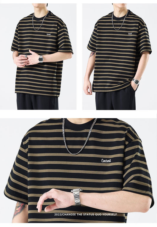 Camiseta Rayada Hombre Marca Americana - Corte Relajado Cuello Redondo - Image 9