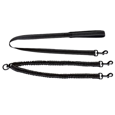 Black double-ended pet traction rope with reflective stitching, two elasticized leash segments, and metal snap hooks. - Image 13