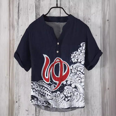 Camisa Lino Hombre Estampado Oceánico Manga Corta Suelta Casual - Image 3