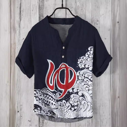 Camisa Lino Hombre Estampado Oceánico Manga Corta Suelta Casual - Image 3