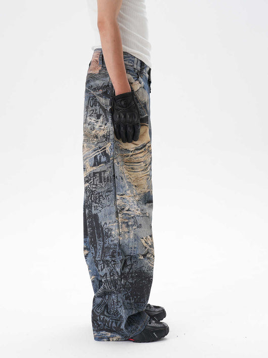Pantalones Vaqueros Rectos con Estampado 3D Efecto Graffiti Rasgado - Image 5