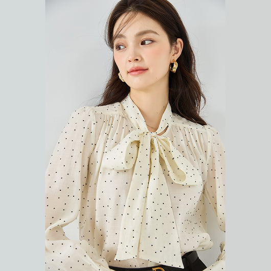 Blusa de Lunares con Moño Streamer de Manga Larga Versátil