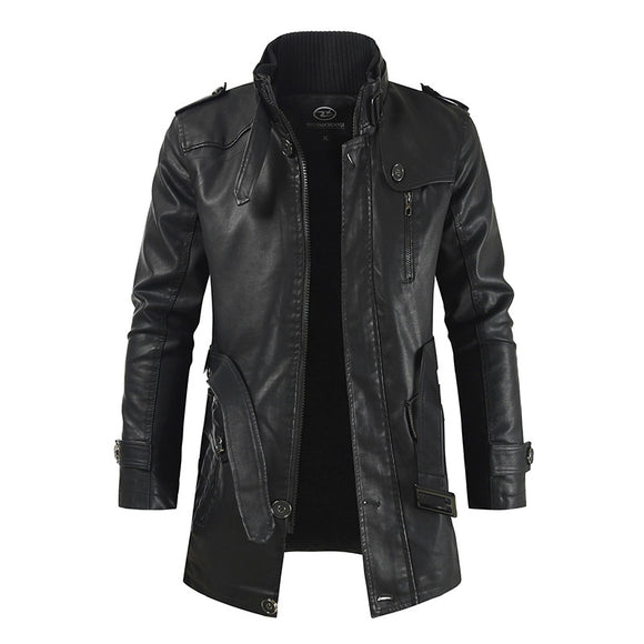 Abrigo de Cuero Largo Tipo Gabardina con Cuello Tipo Polo para Hombre Talla Grande