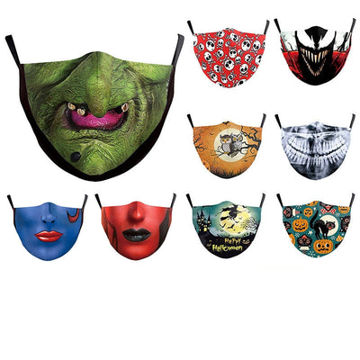 Blue face mask with a printed design of a face featuring red lips and a dark blue nose, with black ear loops.