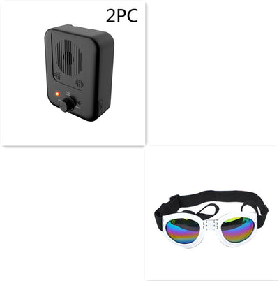 Black ultrasonic anti-barking device with a red light and a control knob, next to yellow pet goggles with rainbow lenses. - Image 10