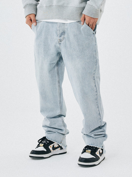 Jeans Rectos Hombre Talle Suelto Borde Crudo Lavado Claro