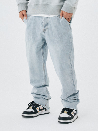 Jeans Rectos Hombre Talle Suelto Borde Crudo Lavado Claro