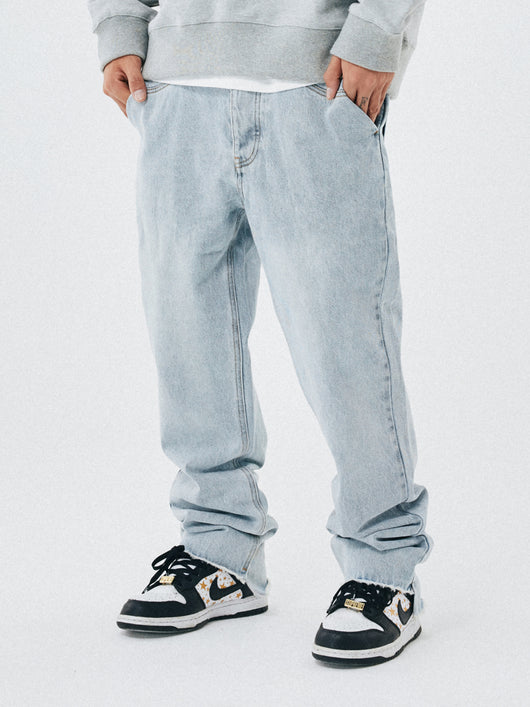 Jeans Rectos Hombre Talle Suelto Borde Crudo Lavado Claro