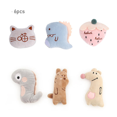Set of 6 mini plush pet toys including a cat head, two dinosaurs, a strawberry, and two other animals. - Image 7