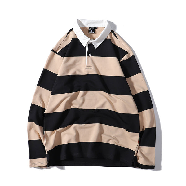 Suéter Rayas con Solapa Cuello Camiseta Manga Larga Hombre