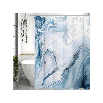Blue and white marble pattern shower curtain made of polyester, hanging from a silver shower rod in a modern bathroom. - Image 2