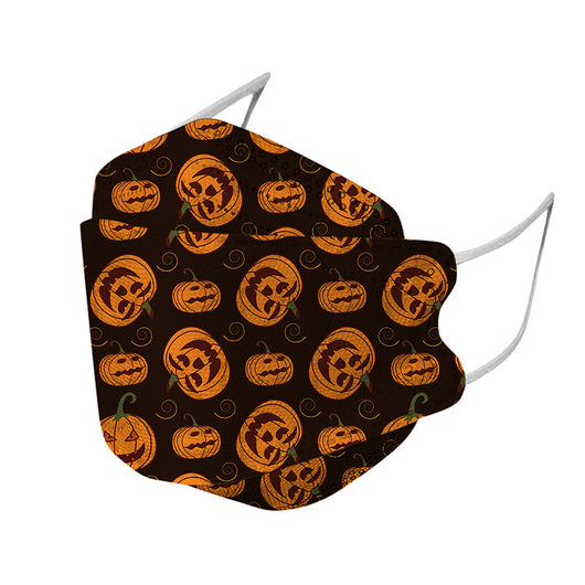 Two black KF94 Halloween masks with a pattern of dancing skeletons, purple bones, bats, and candy corn. - Image 9