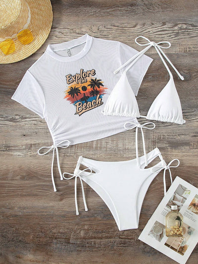 Black three-piece swimsuit with a mesh crop top featuring an "Explore the Beach" graphic, bikini top, and high-waisted bottoms. - Image 30