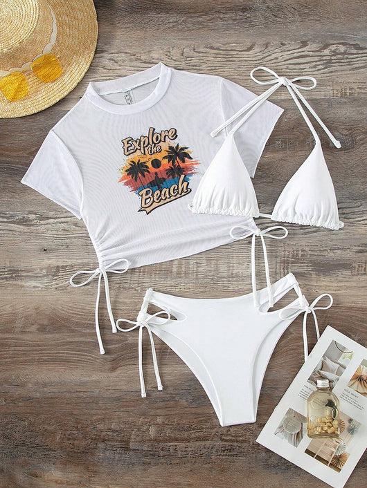 Black three-piece swimsuit with a mesh crop top featuring an "Explore the Beach" graphic, bikini top, and high-waisted bottoms. - Image 30