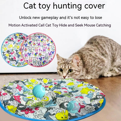 Pink round electronic cat toy with power symbol and a circular cat play mat with cartoon animals and pink border.