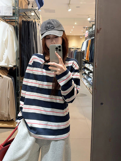 Blusa Suelta de Rayas con Cuello Redondo y Manga Larga para Mujer - Image 9