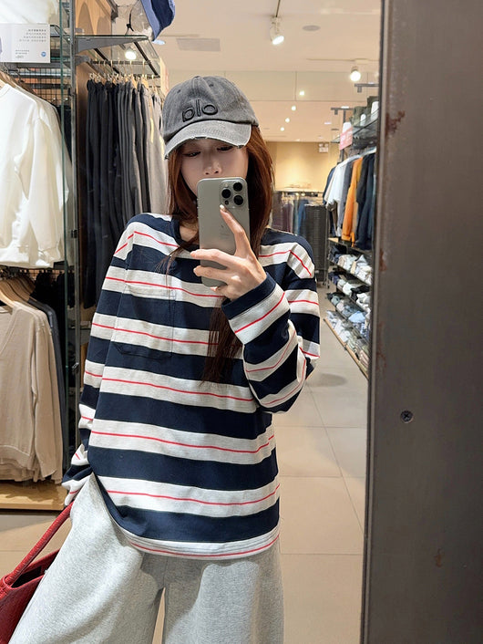 Blusa Suelta de Rayas con Cuello Redondo y Manga Larga para Mujer - Image 9