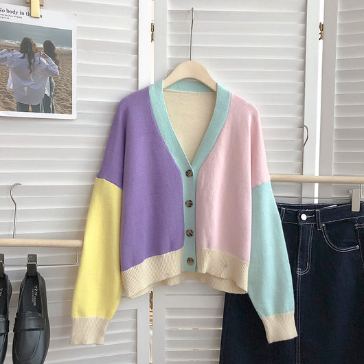 Suéter Mujer Cuello V Bloques de Color Manga Larga