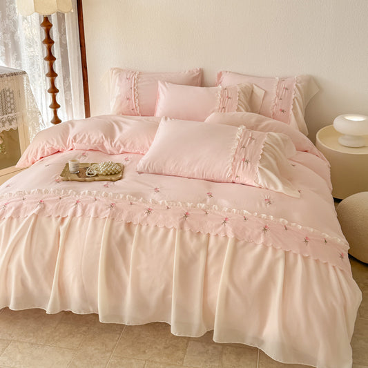 Juego de Cama de Algodón Lavado con Encaje Bordado - 4 Piezas