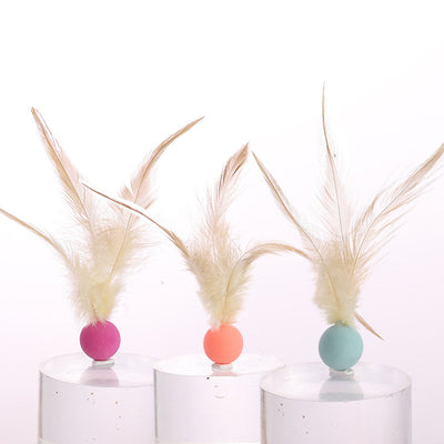 Three cat toys with pink balls and natural beige feathers, displayed on clear stands against a white background. - Image 16