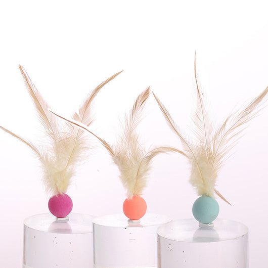 Three cat toys with pink balls and natural beige feathers, displayed on clear stands against a white background. - Image 16