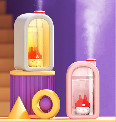 Pink automatic blind box rabbit night humidifier with a white rabbit figure inside, featuring a red hat and heart details. - Image 2