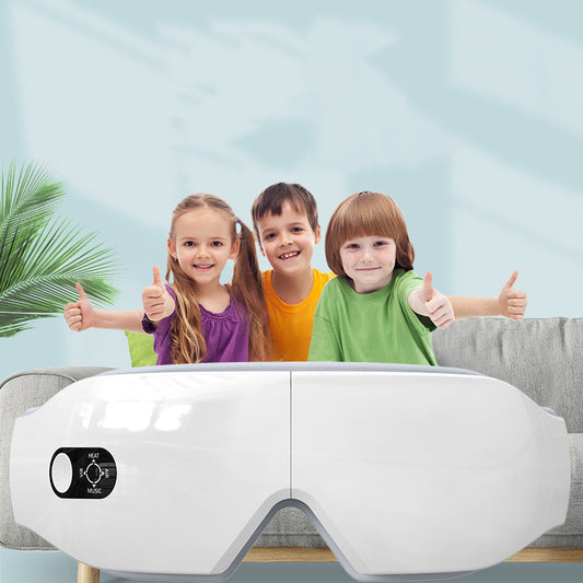 White hot compress eye mask with Bluetooth, featuring a power button and adjustable strap for eye protection and massage.