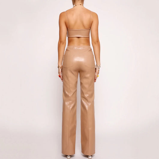 Conjunto de Dos Piezas: Chaleco de Cuero PU y Pantalón Recto para Mujer - Image 4