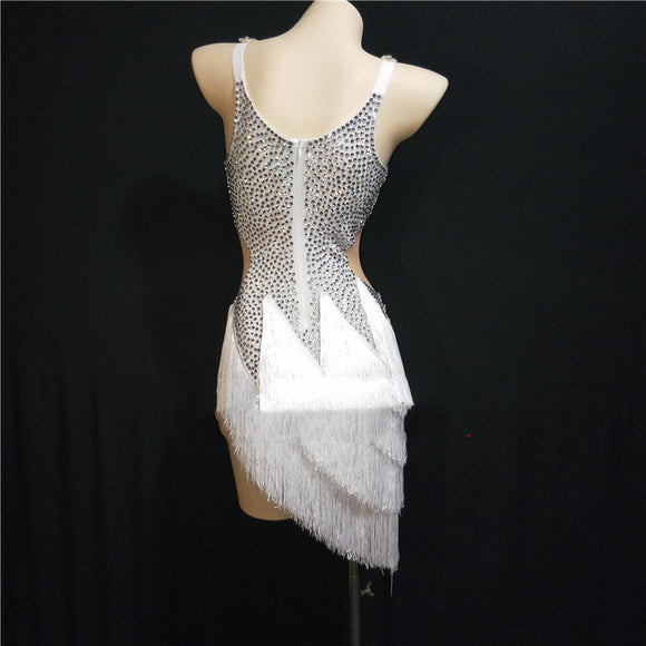 Vestido de Danza Latina con Flecos y Malla Elástica