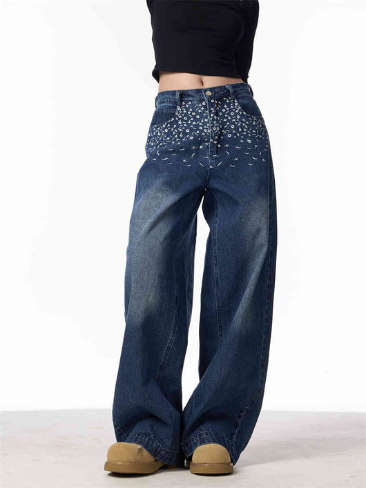 Pantalones Vaqueros Rectos Bordados Floral Vintage Mujer Cintura Alta Pierna Ancha - Image 5
