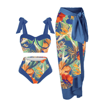 Women's three-piece swimsuit with tropical pomegranate, hibiscus, and bird print bikini and magenta sarong. - Image 13
